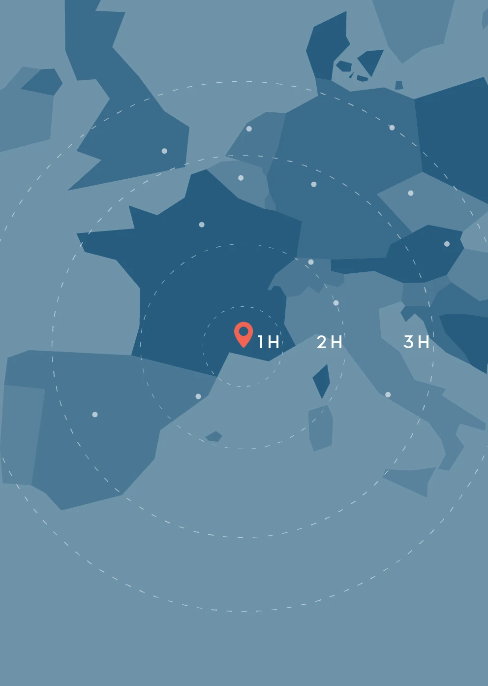 Carte indiquant les durées de vols et de trajets en train pour arriver à Arles.