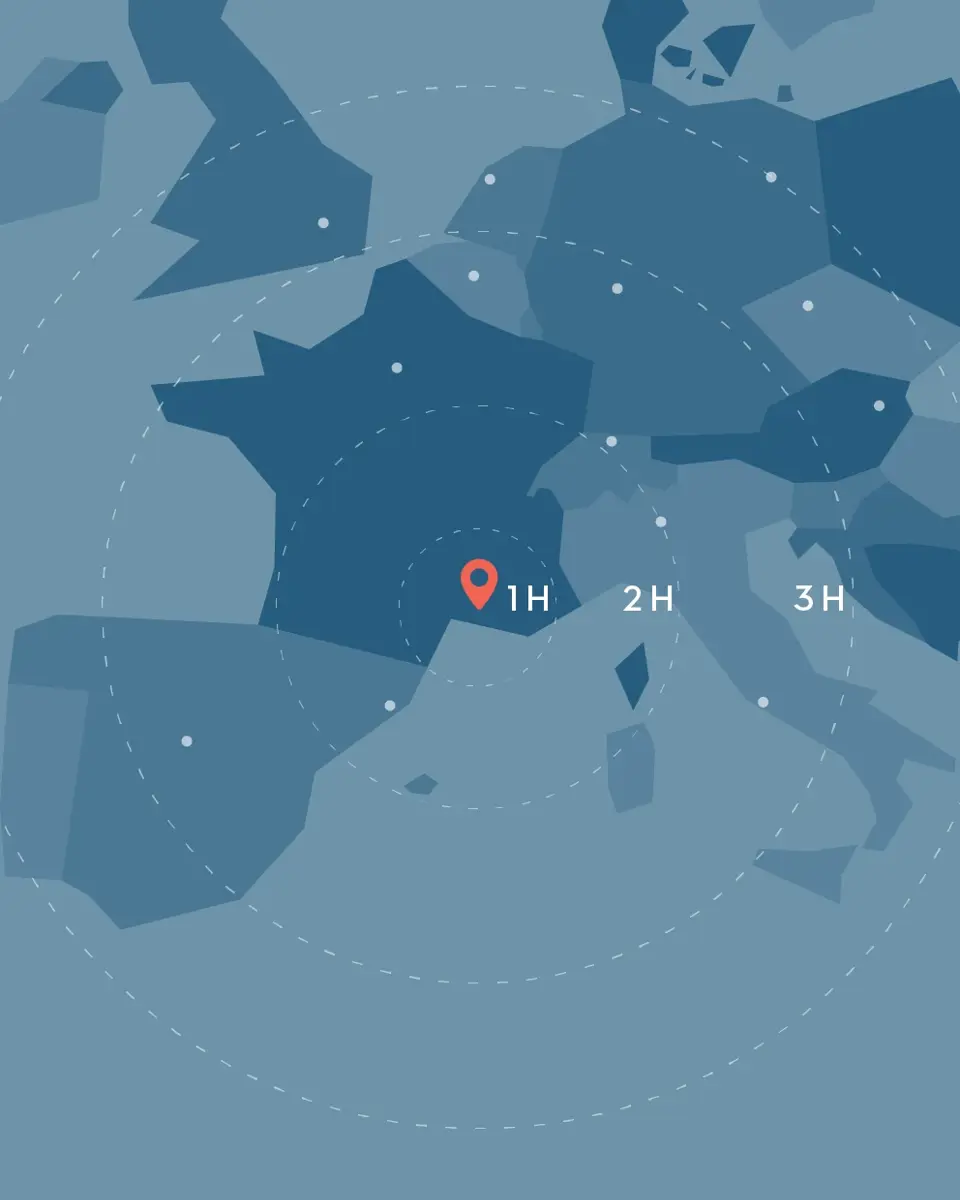 Carte indiquant les durées de vols et de trajets en train pour arriver à Arles.