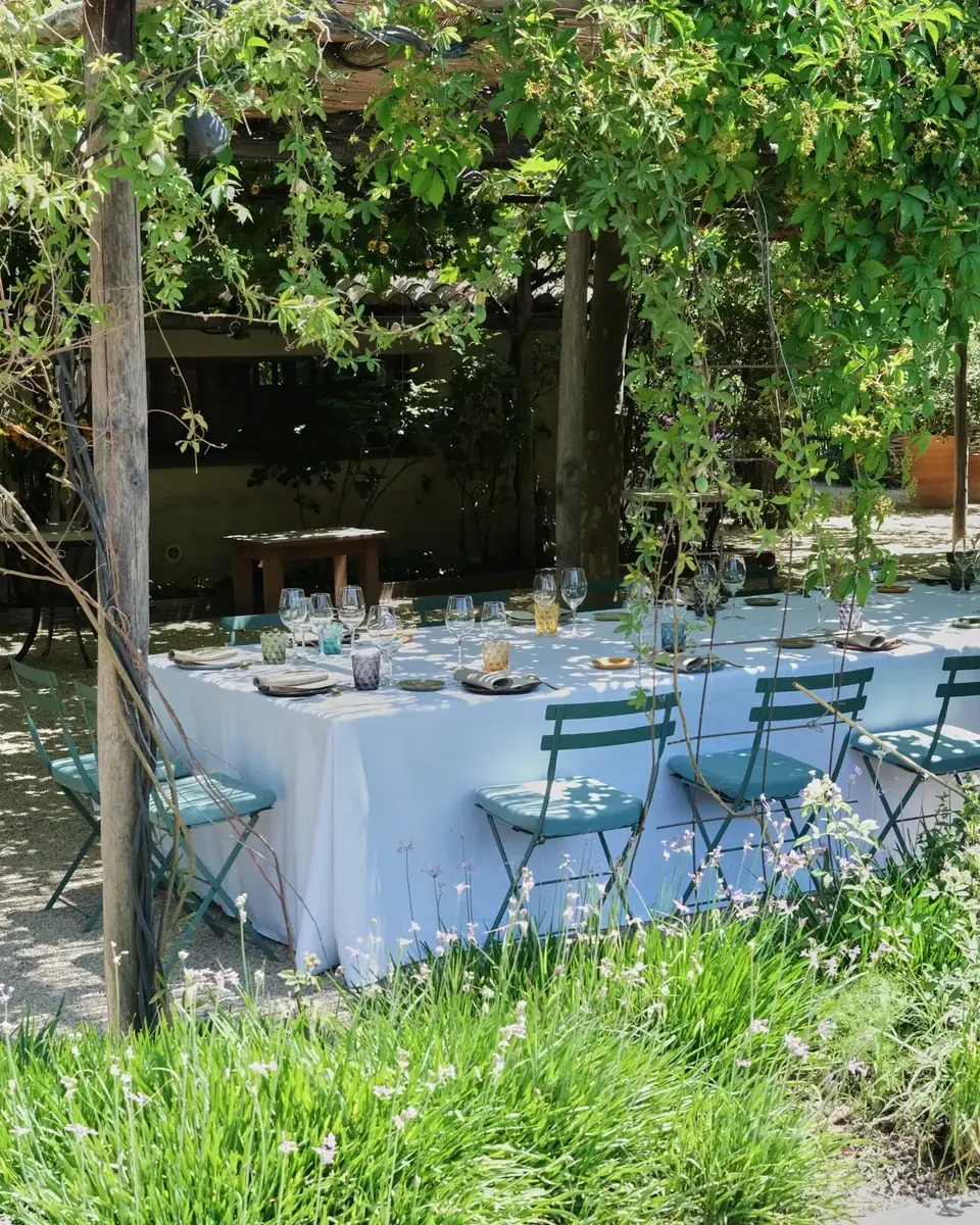 Table dressée sous une tonnelle végétalisée.