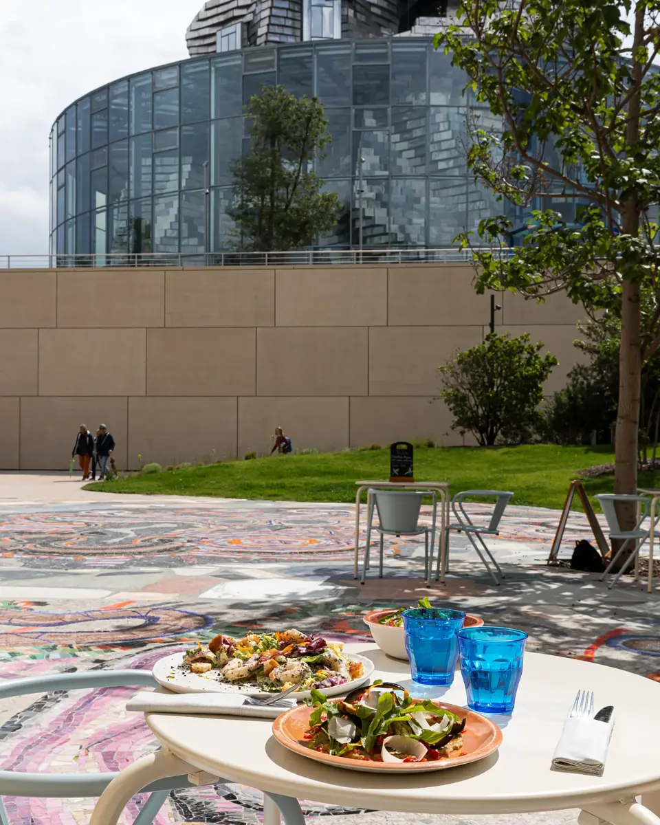 Terrasse du Café du Parc avec une vue sur La Tour (Parc des Ateliers LUMA Arles)